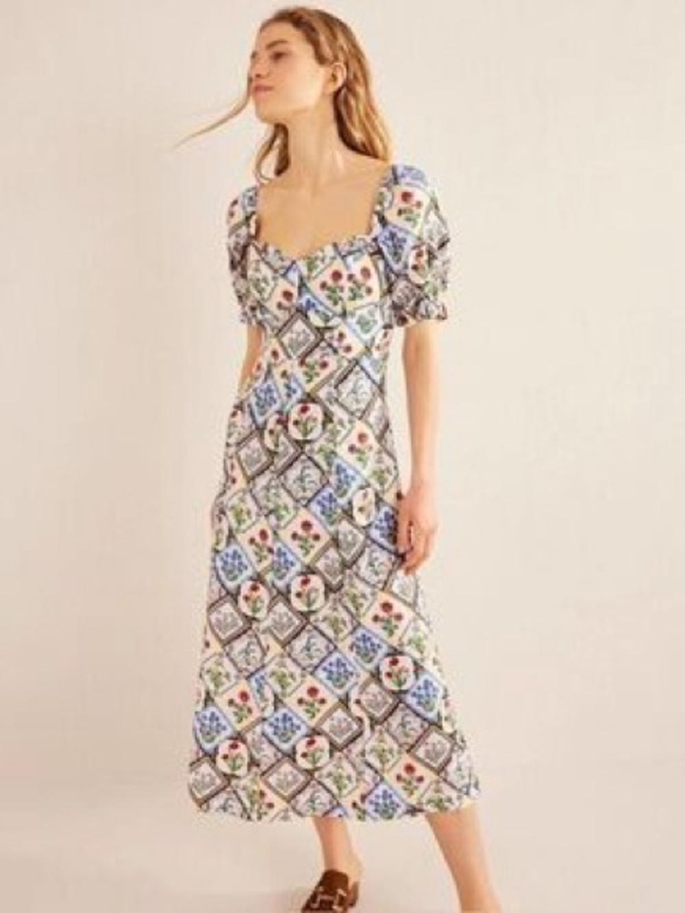 Boden Floral Patchwork Maxi Dress in White, Red, Blue & Yellow